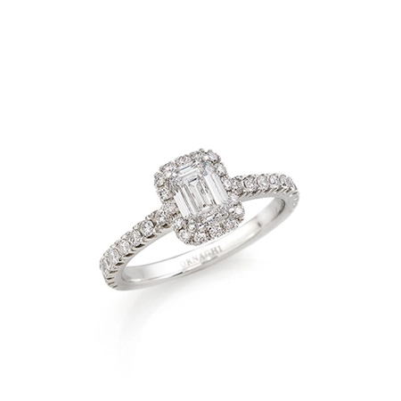 Classics Solitaire in White Gold with Emerald cut Diamond and halo